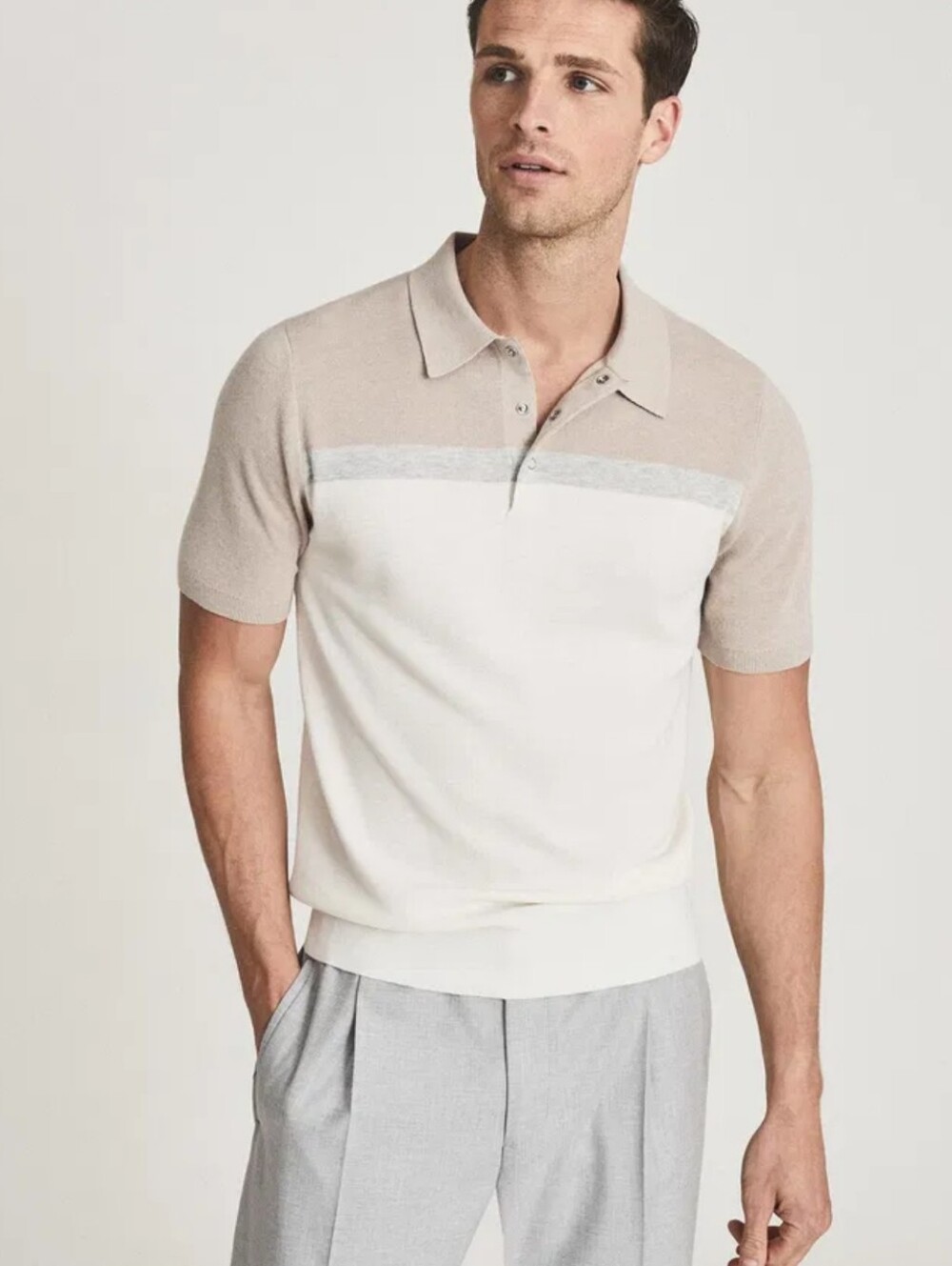Reiss Cairns Two-Tone Color Block Beige and Cream Polo Shirt Size XXL